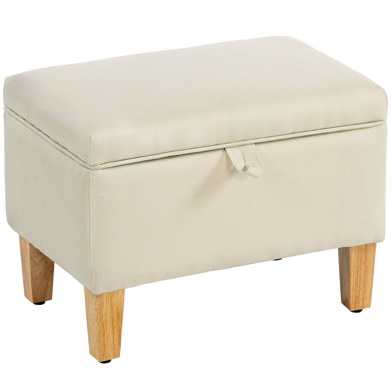 Beige Linen Storage Ottoman 16L with Padded Seat and Rubberwood Legs for Bedroom Use - 49W x 33D x 36H cm