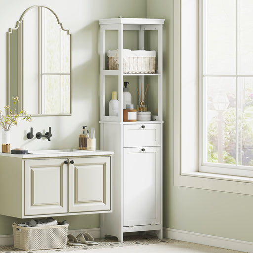 Tall White Bathroom Storage Cabinet With Tilt Out Laundry Basket For Organised Bathrooms