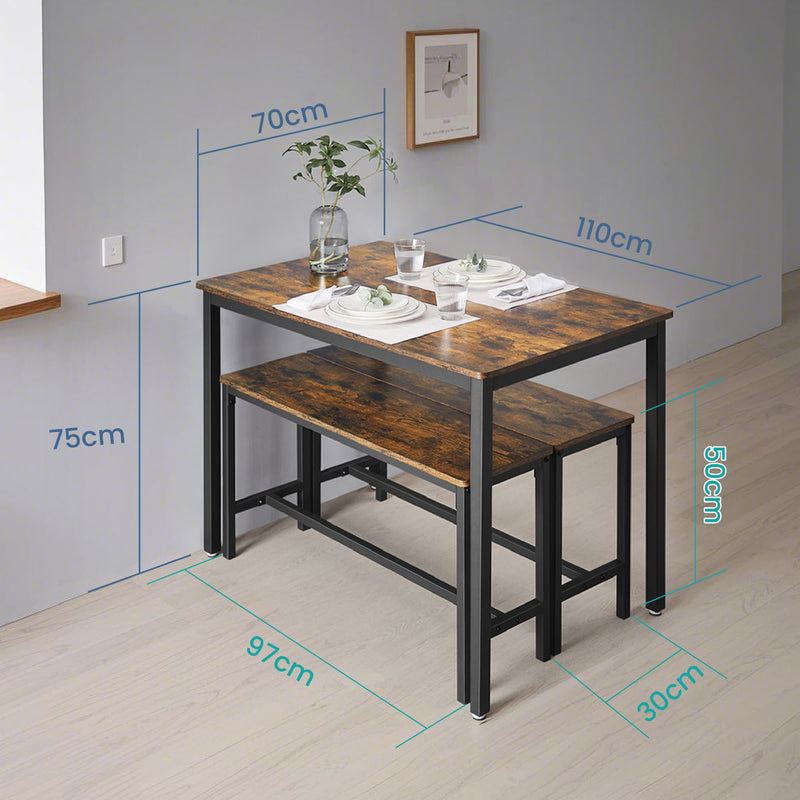 Dimensions of the dining set: table 110 x 70 x 75 cm, benches 97 x 30 x 50 cm