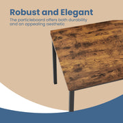 Close-up of the particleboard tabletop and square steel leg