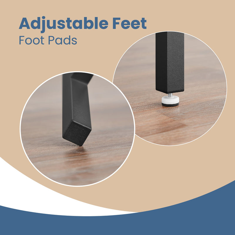 Close-ups of the adjustable feet and foot pads