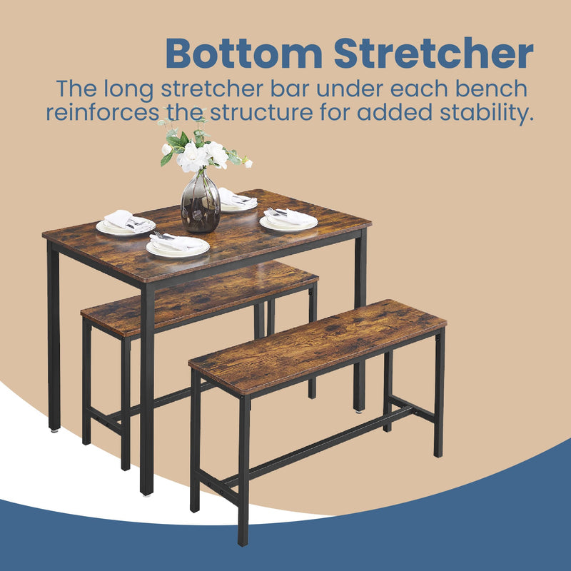 Dining set showing the long stretcher bar under each bench