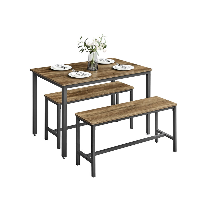 Dining Table Set with 2 Wooden Benches for Kitchen or Dining Room, Industrial Style