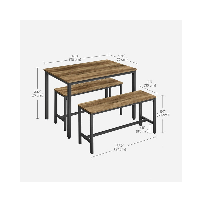 Dining Table Set with 2 Wooden Benches for Kitchen or Dining Room, Industrial Style