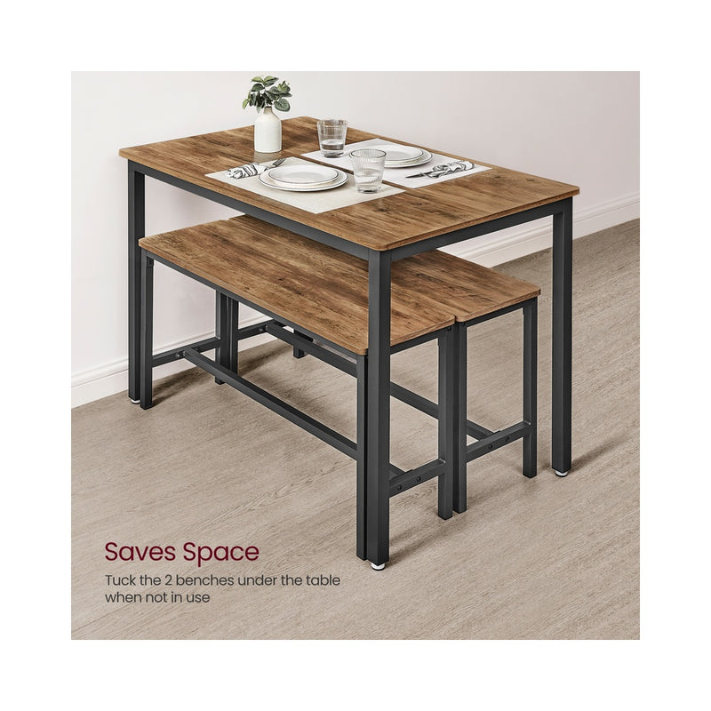 Dining Table Set with 2 Wooden Benches for Kitchen or Dining Room, Industrial Style