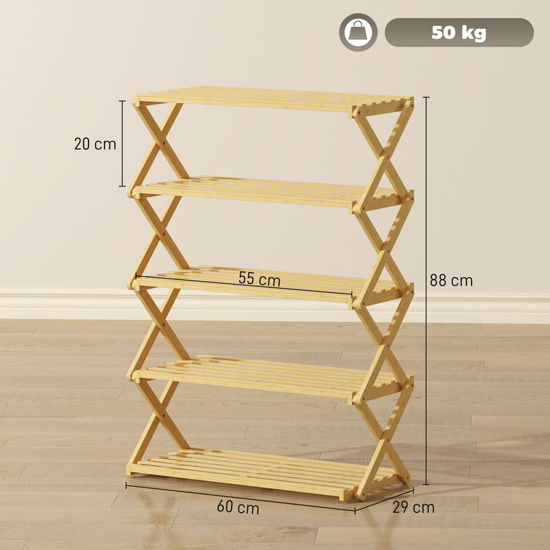 Five Tier Folding Bamboo Shoe Rack Space Saving Storage Organiser For Hallway Natural AOSOM
