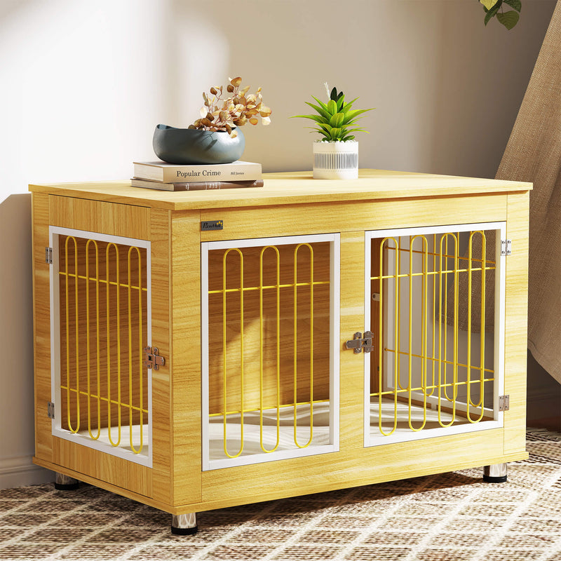 Wooden Dog Crate End Table with Double Doors and Soft Cushion for Indoor Use Oak Tone
