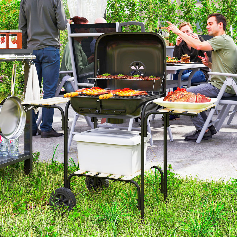 Portable Charcoal BBQ Grill with Large Cooking Area Shelves Wheels Lockable Lid by Outsunny