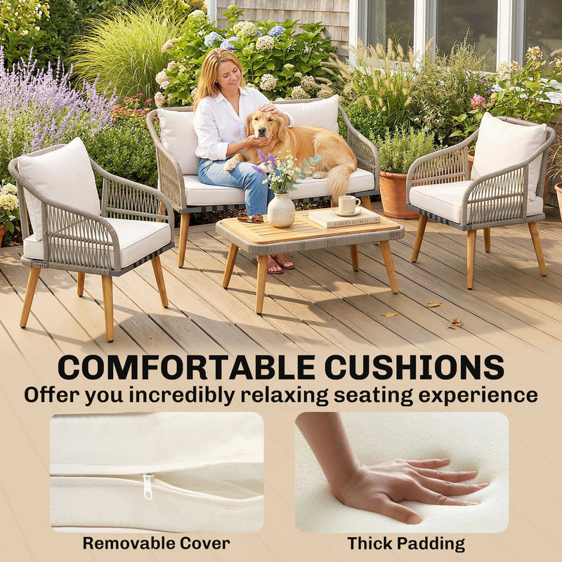 Rattan Garden Furniture Set for Relaxing Outdoor Seating with Cushions and Coffee Table Cream Outsunny
