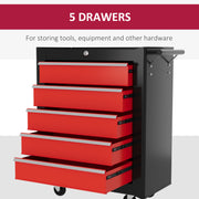5 Drawer Lockable Steel Tool Chest With Wheels And Handle For Garage Or Workshop Red