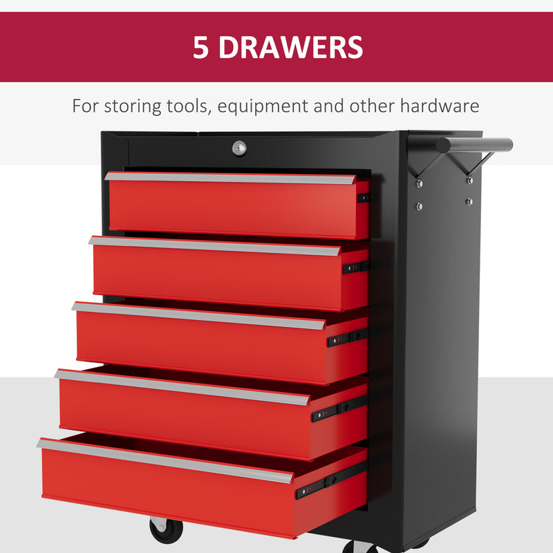 5 Drawer Lockable Steel Tool Chest With Wheels And Handle For Garage Or Workshop Red