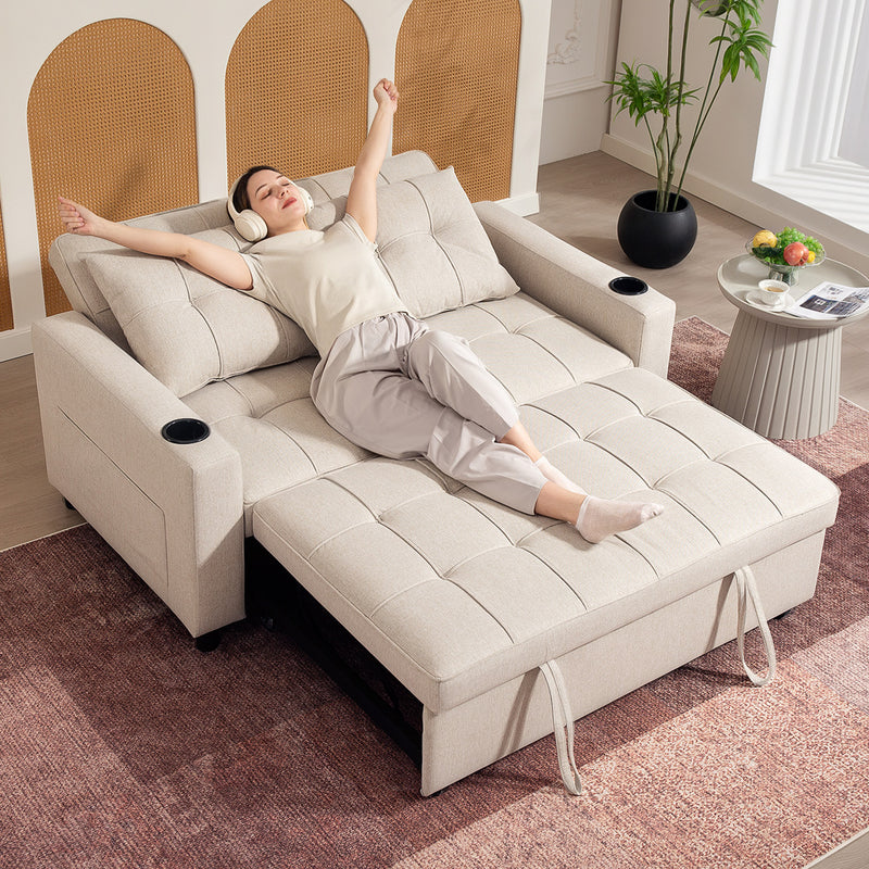 Two Seater Pull Out Sofa Bed with Storage Ideal for Guests and Small Spaces, Beige