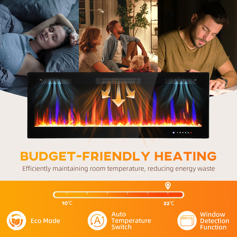 Wall Mounted Electric Fireplace 50 Inch With Recessed Design And Dual Heat Settings Black
