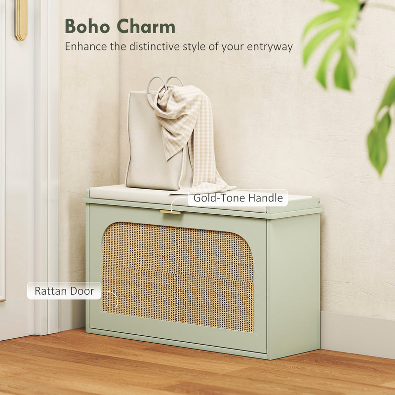 Boho Shoe Storage Bench With Cushion Seat And Flip Drawer For Hallway Light Green