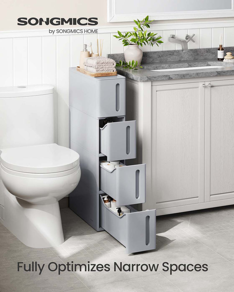 Grey Plastic Storage Tower with 4 Drawers and Wheels for Home Organisation by Songmics