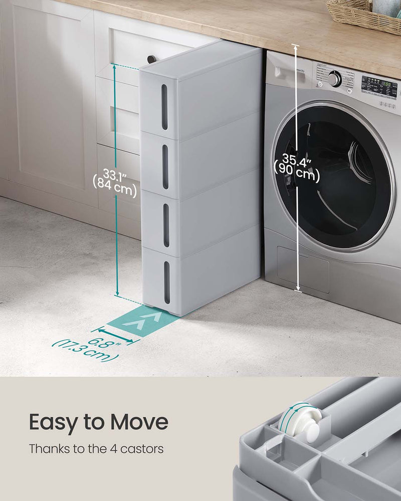 Grey Plastic Storage Tower with 4 Drawers and Wheels for Home Organisation by Songmics