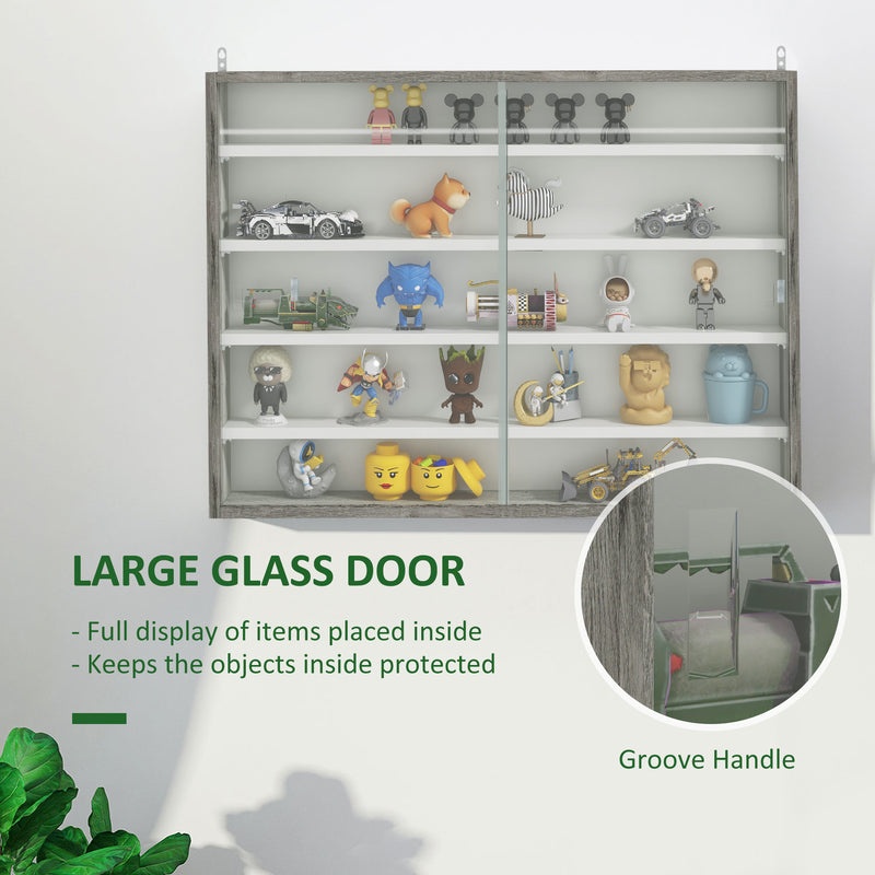 5 Tier Wall Display Shelf Unit With Glass Doors And Adjustable Shelves Grey Wood Grain