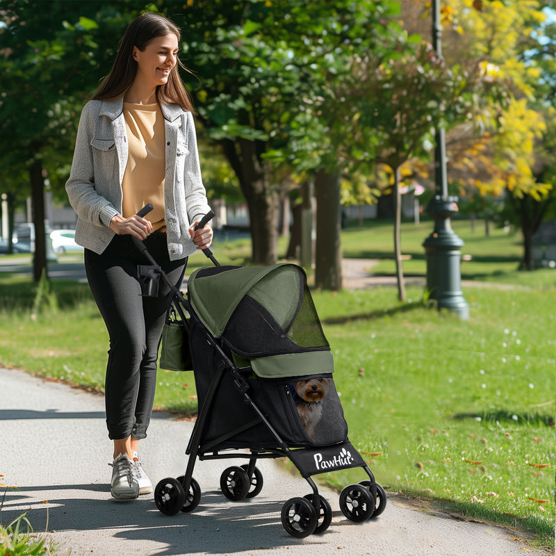 Dark Green Lightweight Dog Stroller with Umbrella Canopy Storage Bag and Cup Holder by PawHut AOSOM