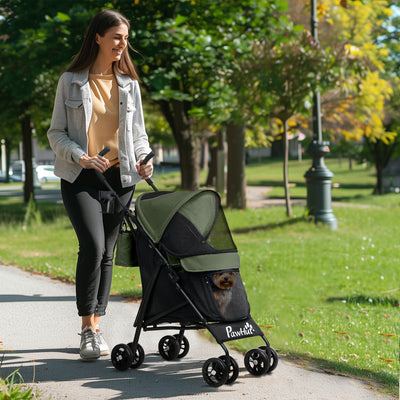 Dark Green Lightweight Dog Stroller with Umbrella Canopy Storage Bag and Cup Holder by PawHut AOSOM