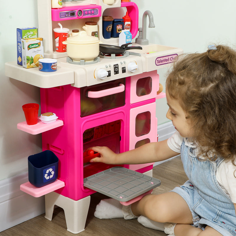 Kids Play Kitchen Set with 104 Accessories Realistic Lights and Sounds for Role Play Pink