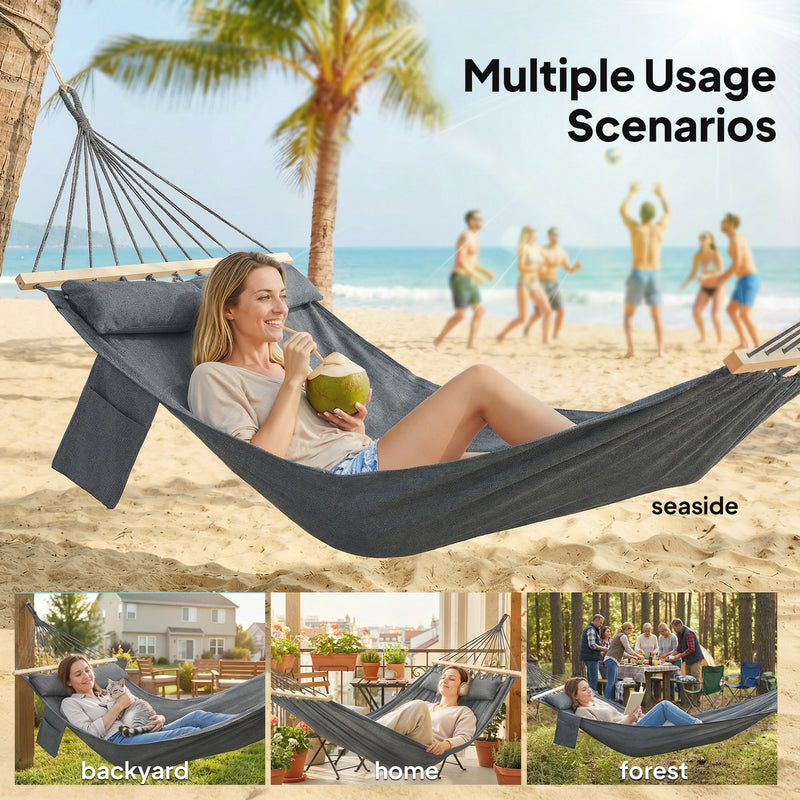 Garden Hammock with Headrest and Side Pocket for Outdoor Relaxation Dark Grey