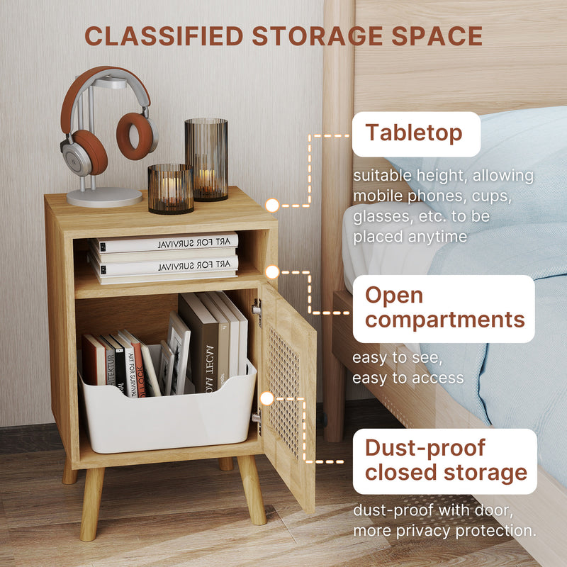 Set of 2 Rattan Bedside Tables with Storage Shelf and Cupboard Ideal for Bedrooms Natural