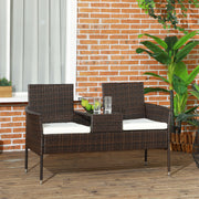 Brown Rattan Two Seater Garden Chair with Built In Table for Patio or Balcony Use