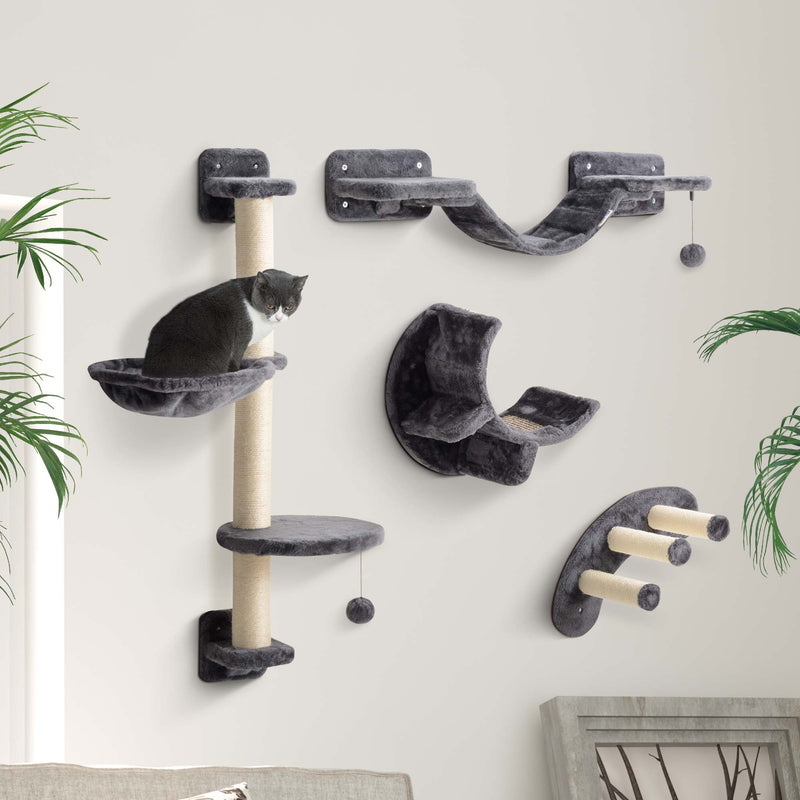 Four Piece Cat Wall Furniture Set with Hammock and Steps for Indoor Climbing Fun, Dark Grey