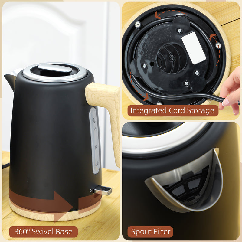 Black Cordless Kettle and Toaster Set 1.7L Fast Boil 3000W with 7 Browning Levels by HOMCOM