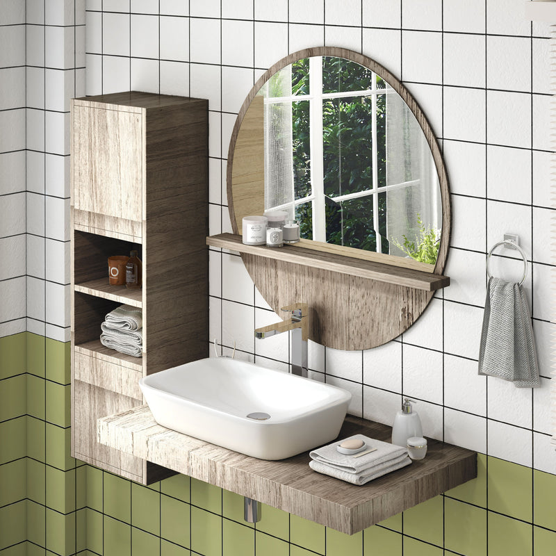 Round Wall Mirror With Shelf Ideal for Bathroom or Hallway Space Saving Design Grey