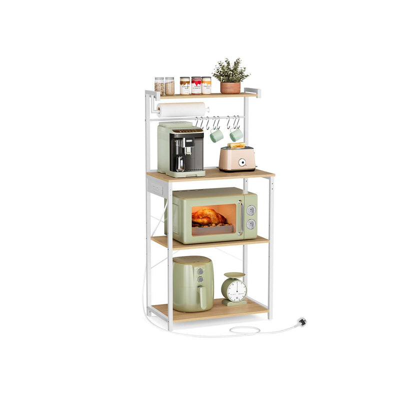 Kitchen Bakers Rack with Power Outlet in Golden Oak and White with Storage Shelves by Vasagle