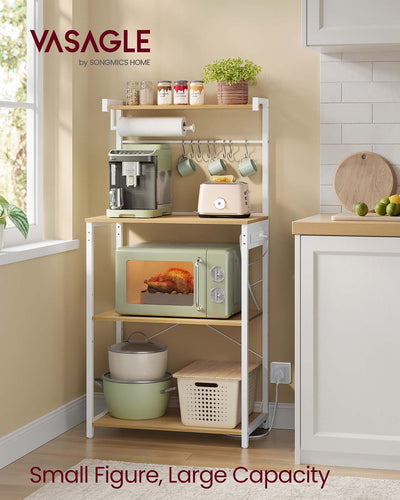 Kitchen Bakers Rack with Power Outlet in Golden Oak and White with Storage Shelves by Vasagle