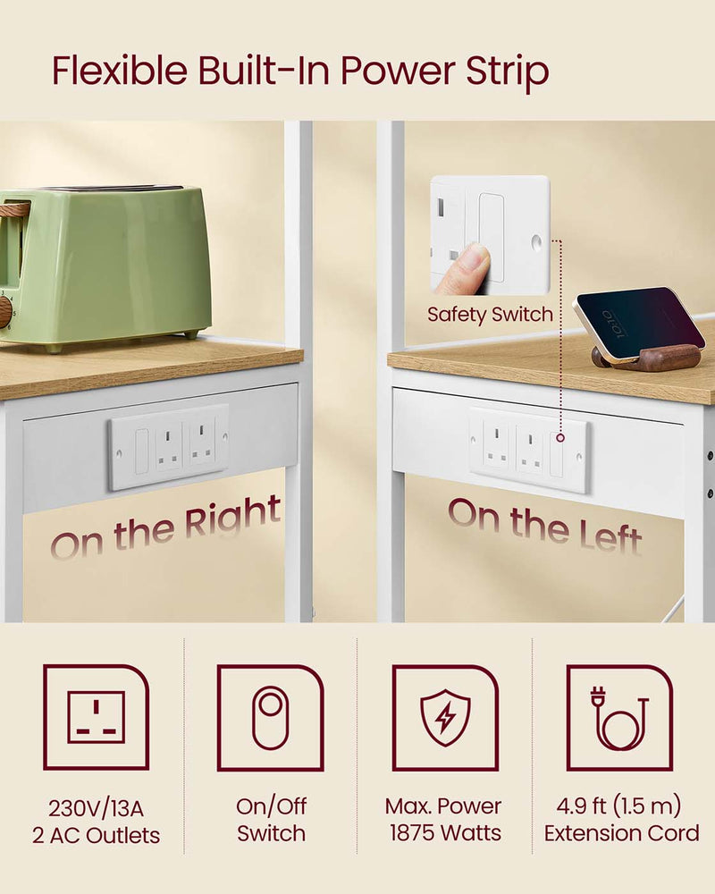 Kitchen Bakers Rack with Power Outlet in Golden Oak and White with Storage Shelves by Vasagle