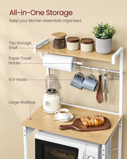 Kitchen Bakers Rack with Power Outlet in Golden Oak and White with Storage Shelves by Vasagle