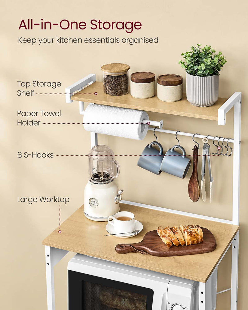 Kitchen Bakers Rack with Power Outlet in Golden Oak and White with Storage Shelves by Vasagle
