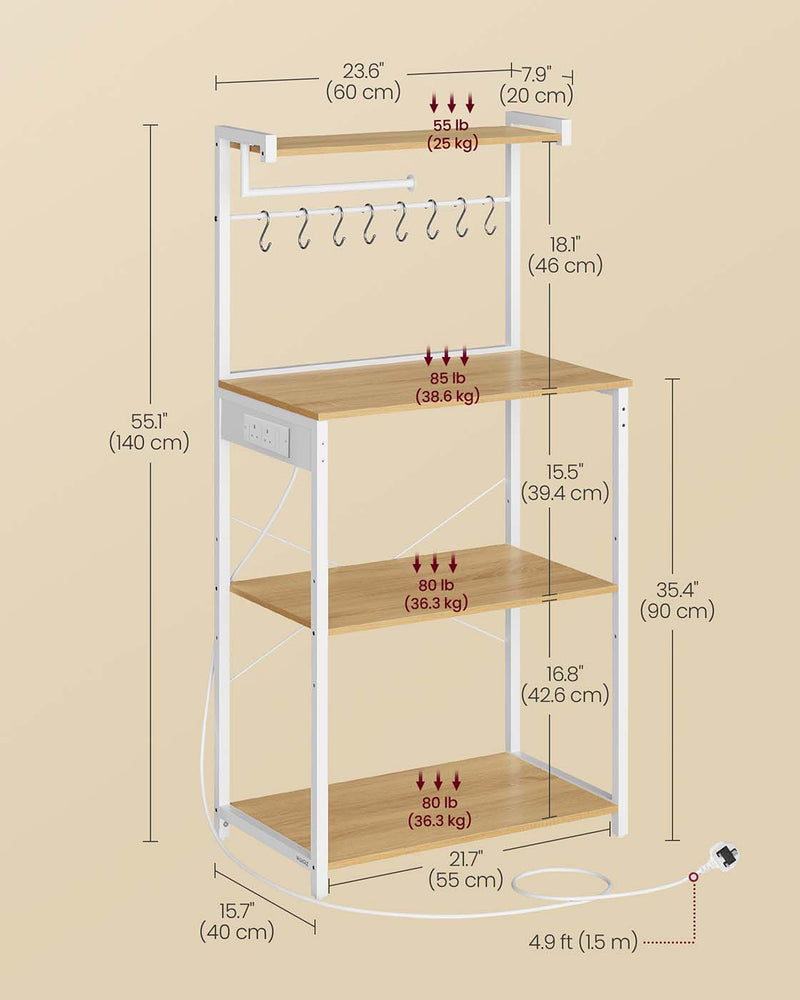 Kitchen Bakers Rack with Power Outlet in Golden Oak and White with Storage Shelves by Vasagle