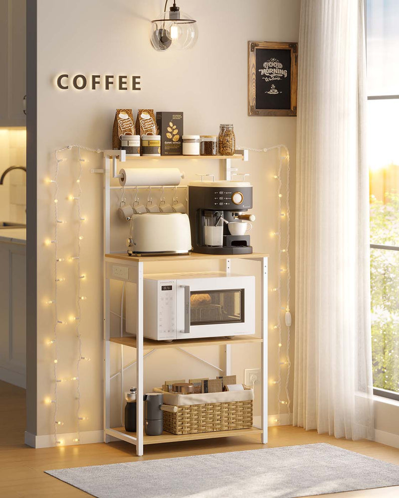 Kitchen Bakers Rack with Power Outlet in Golden Oak and White with Storage Shelves by Vasagle