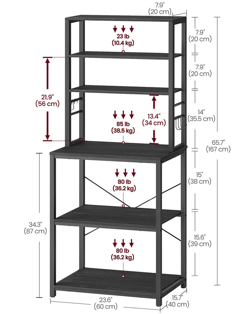 Charcoal Grey Kitchen Storage Rack with Shelves 40x60x167 cm Space Saving Unit by Vasagle