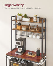 Rustic Brown and Black Kitchen Storage Rack 80 cm Wide with Shelves and Steel Frame by Vasagle