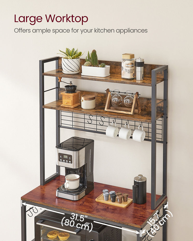 Rustic Brown and Black Kitchen Storage Rack 80 cm Wide with Shelves and Steel Frame by Vasagle