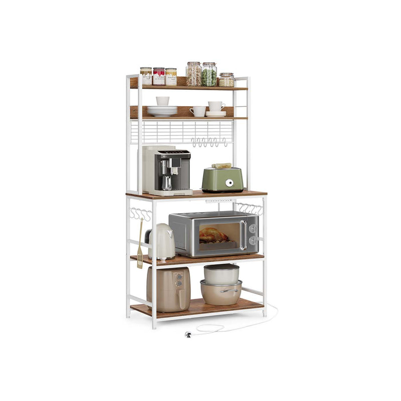 Rustic Walnut and White Kitchen Storage Rack with Power Outlet and Shelves by Vasagle