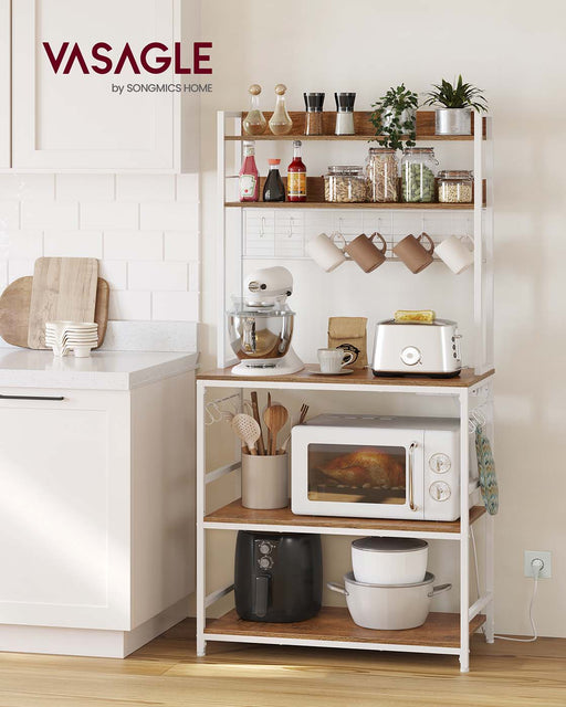 Rustic Walnut and White Kitchen Storage Rack with Power Outlet and Shelves by Vasagle