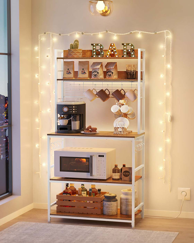 Rustic Walnut and White Kitchen Storage Rack with Power Outlet and Shelves by Vasagle