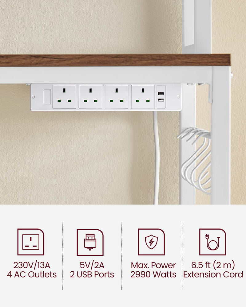 Rustic Walnut and White Kitchen Storage Rack with Power Outlet and Shelves by Vasagle