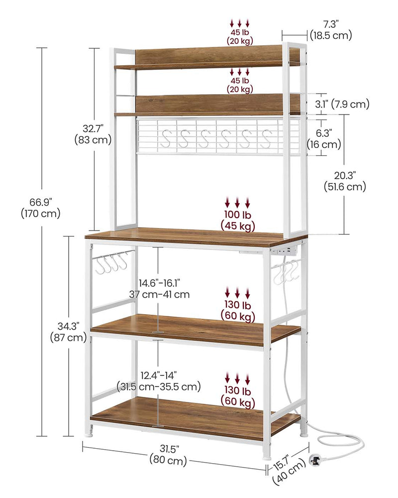 Rustic Walnut and White Kitchen Storage Rack with Power Outlet and Shelves by Vasagle