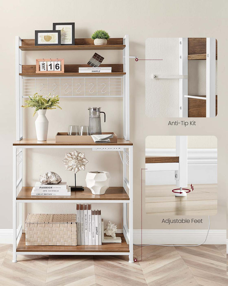 Rustic Walnut and White Kitchen Storage Rack with Power Outlet and Shelves by Vasagle