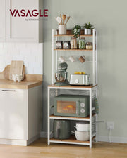 Bakers Rack Kitchen Storage Rack with Power Outlets and Shelves by Vasagle, Rustic Walnut and White,  60x40x170cm