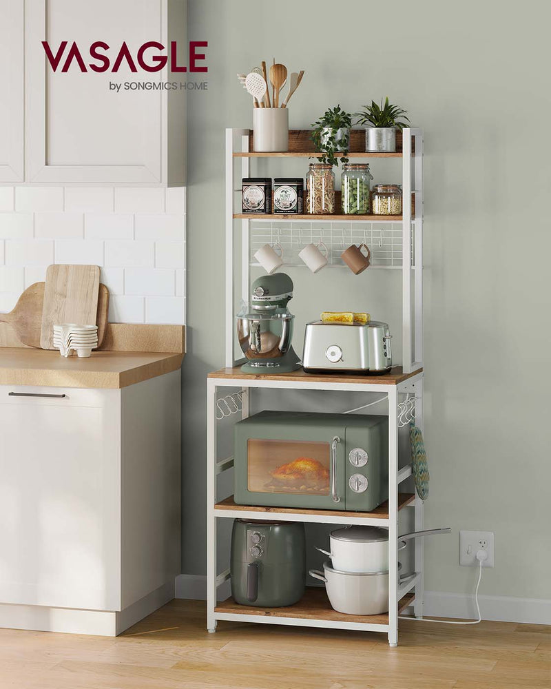 Bakers Rack Kitchen Storage Rack with Power Outlets and Shelves by Vasagle, Rustic Walnut and White,  60x40x170cm