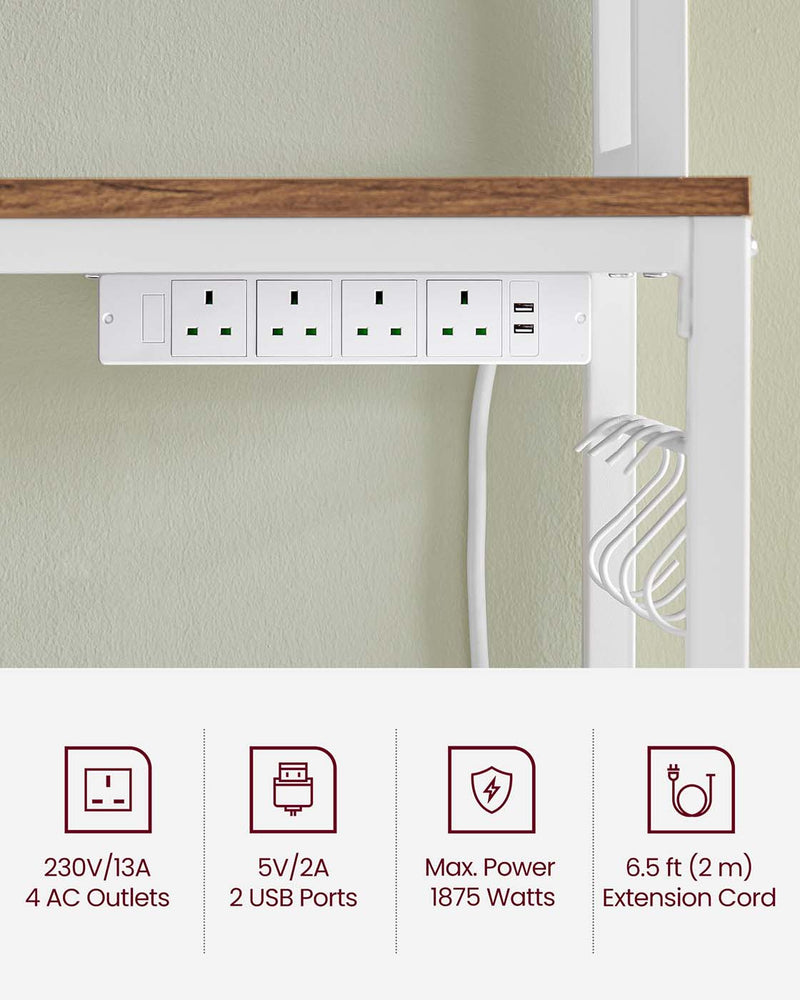 Bakers Rack Kitchen Storage Rack with Power Outlets and Shelves by Vasagle, Rustic Walnut and White,  60x40x170cm