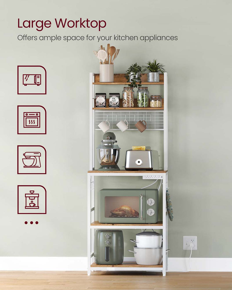 Bakers Rack Kitchen Storage Rack with Power Outlets and Shelves by Vasagle, Rustic Walnut and White,  60x40x170cm